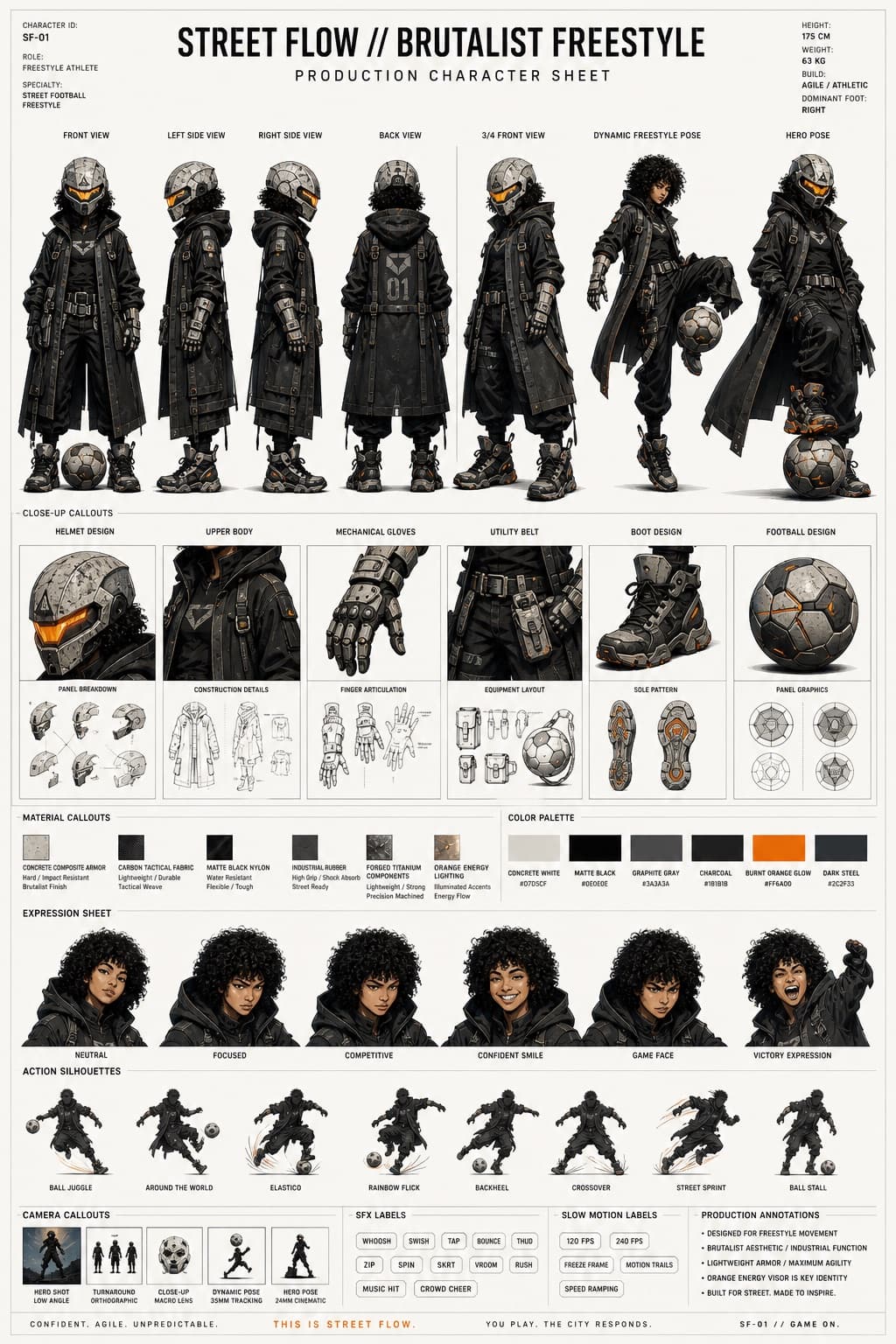 Ficha de personaje futurista brutalista