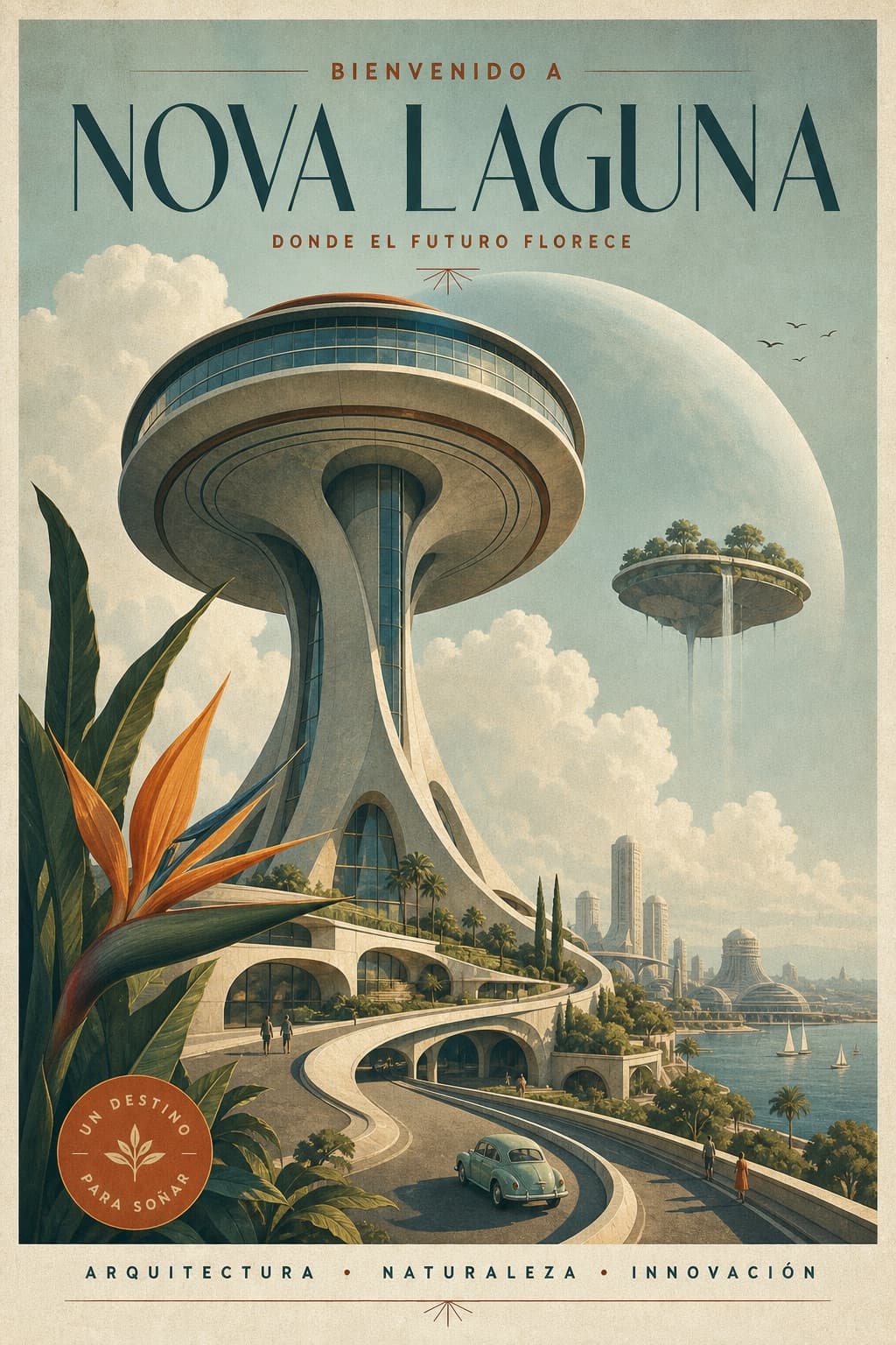 Cartel de ciudad futurista onírica