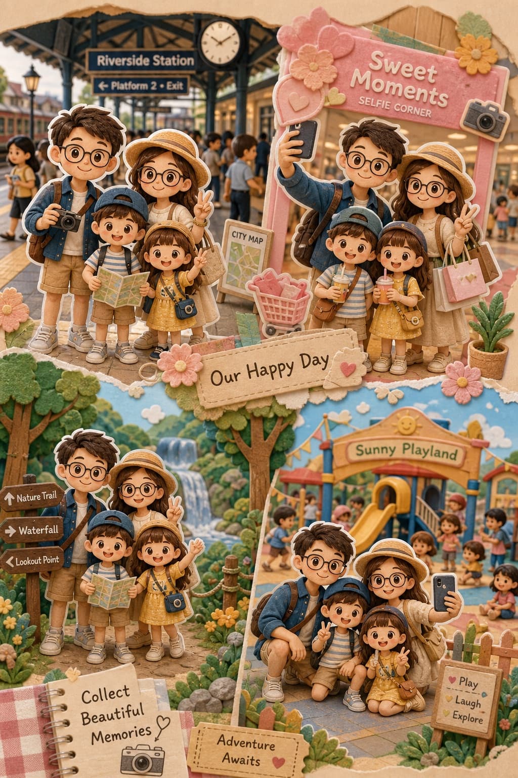 Collage kawaii de viaje familiar en papel