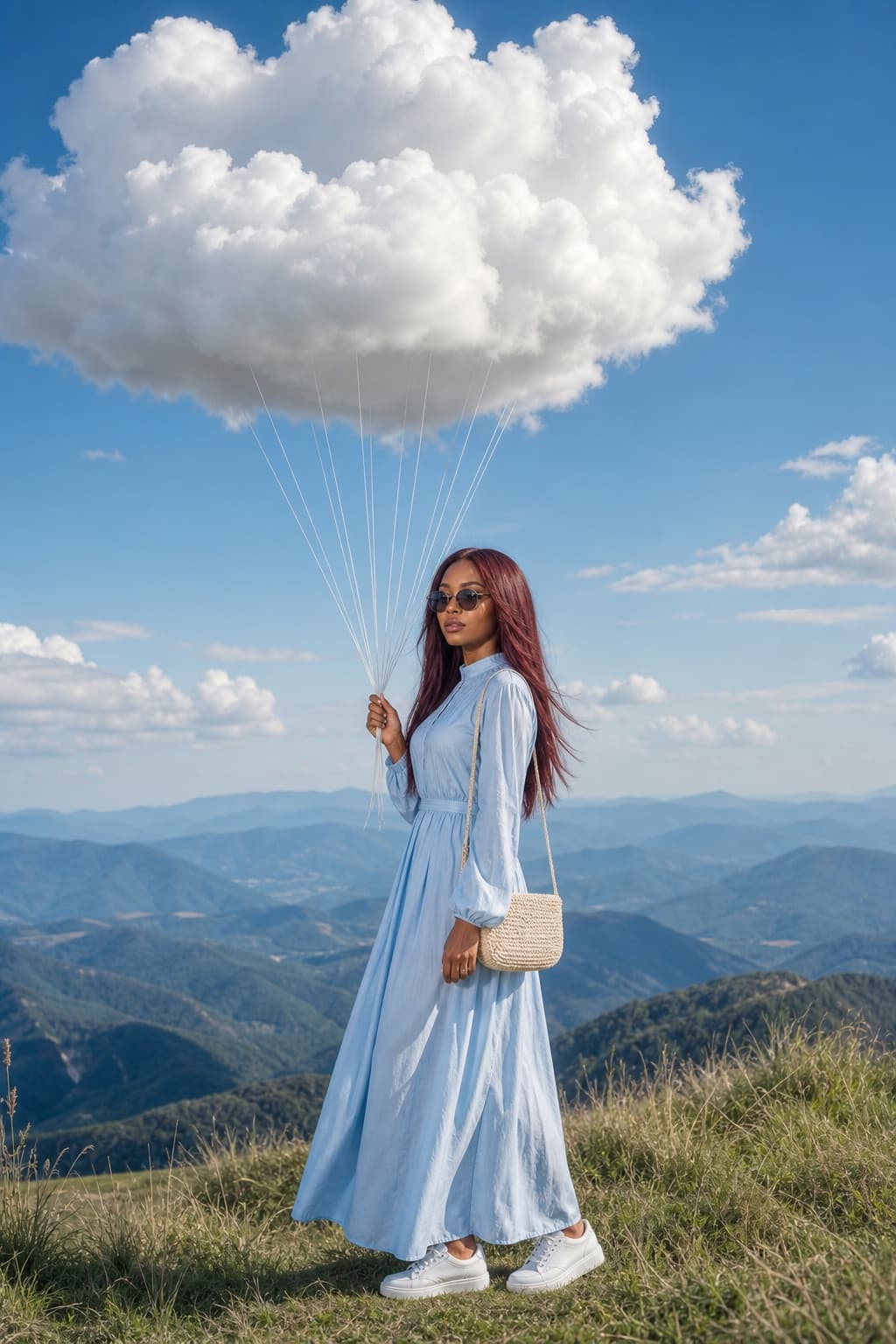 Retrato con globo de nube en montaña
