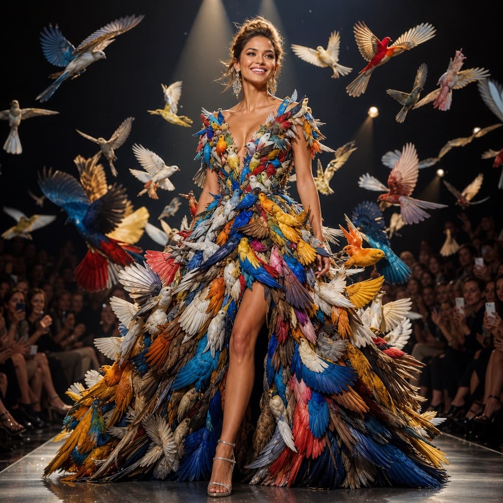 Alta costura de aves en pasarela