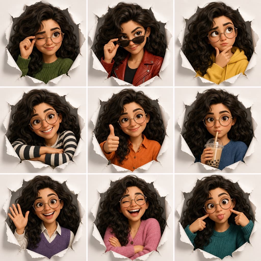 Cuadrícula ilustrada de expresiones de personaje