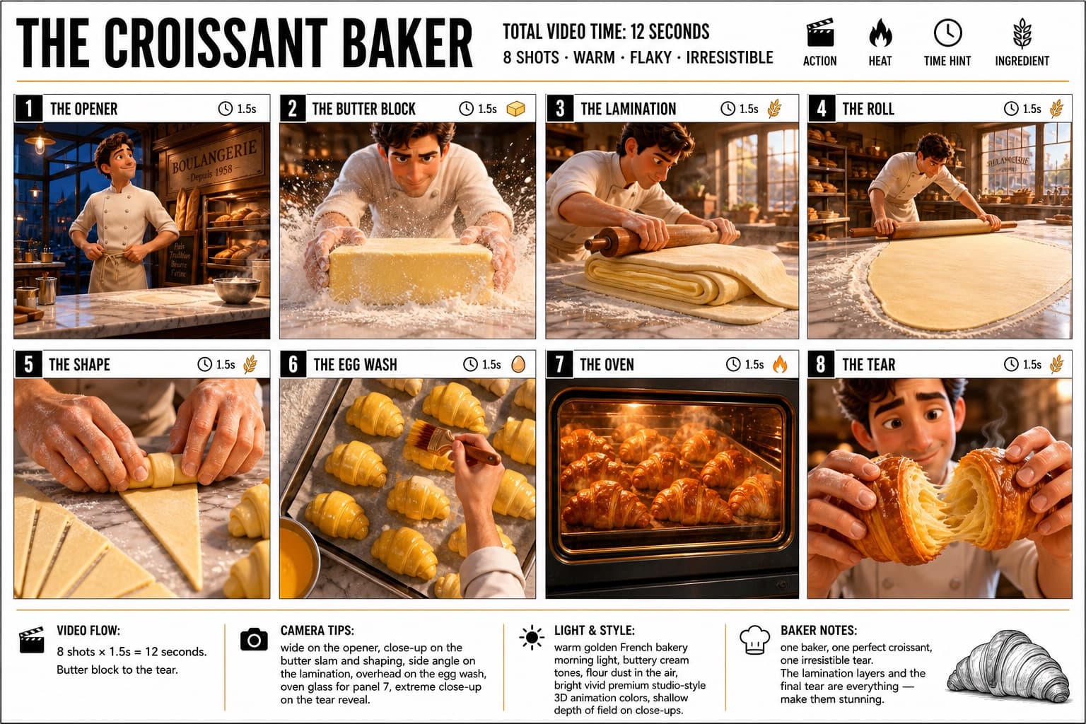 Storyboard del proceso de horneado de croissants
