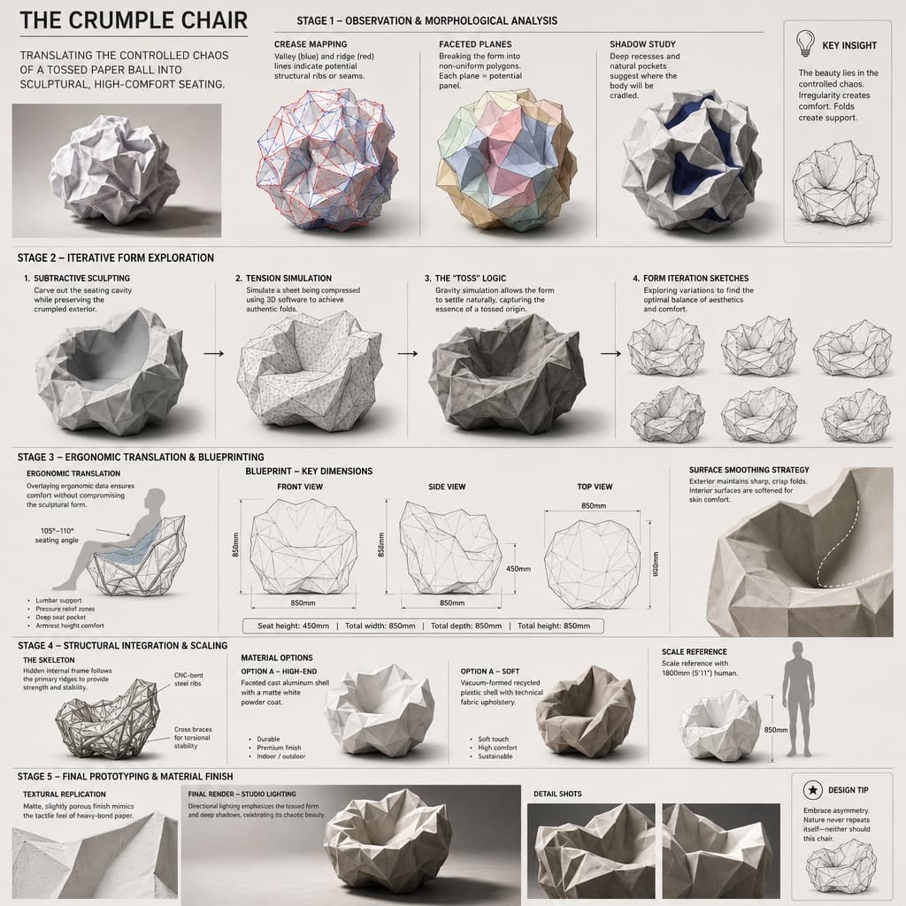 Concepto de silla de papel arrugado