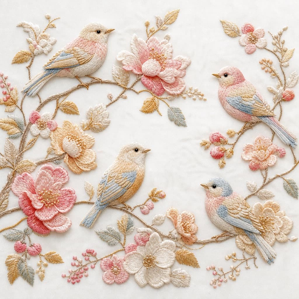 Pájaros bordados en flores