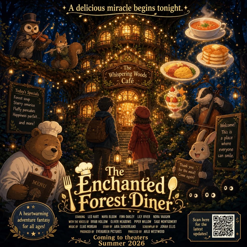 Cartel de restaurante en bosque encantado