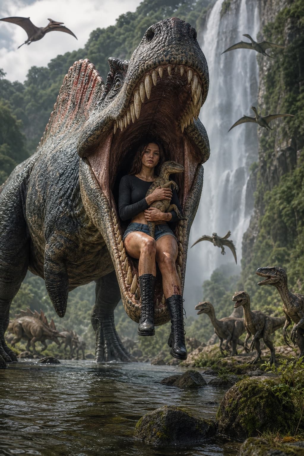 Mujer valiente entre gigantes prehistóricos