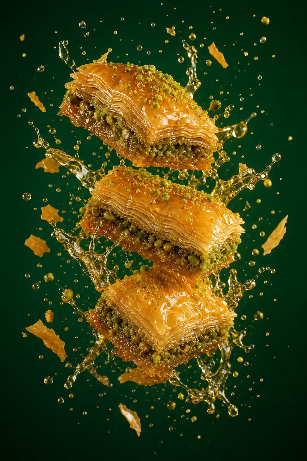Baklava flotante, foto comercial de postre
