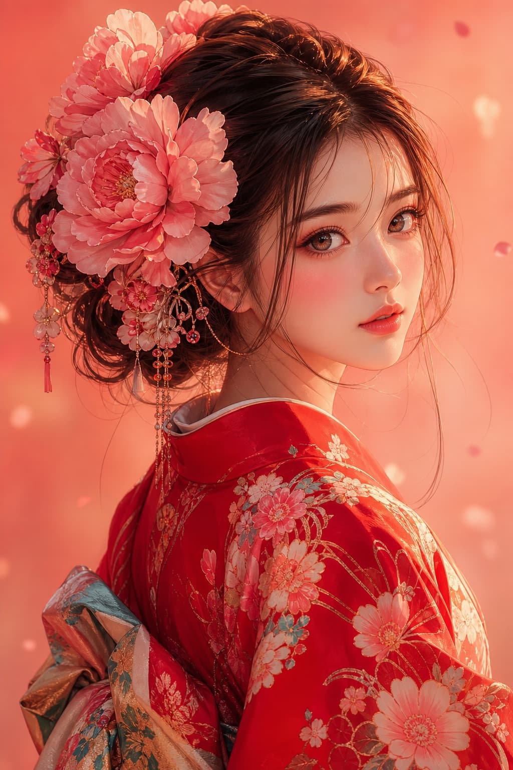 Retrato anime con kimono floral