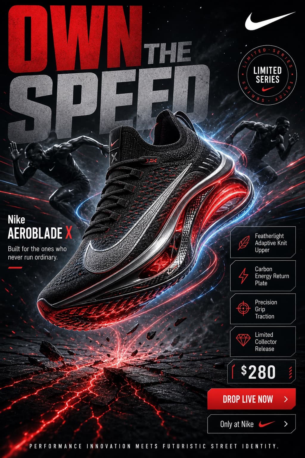 Cartel futurista de lanzamiento de tenis