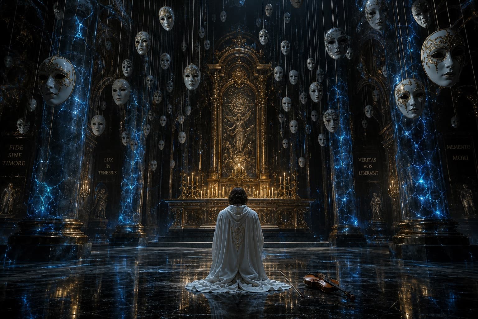 Escena ritual en salón gótico