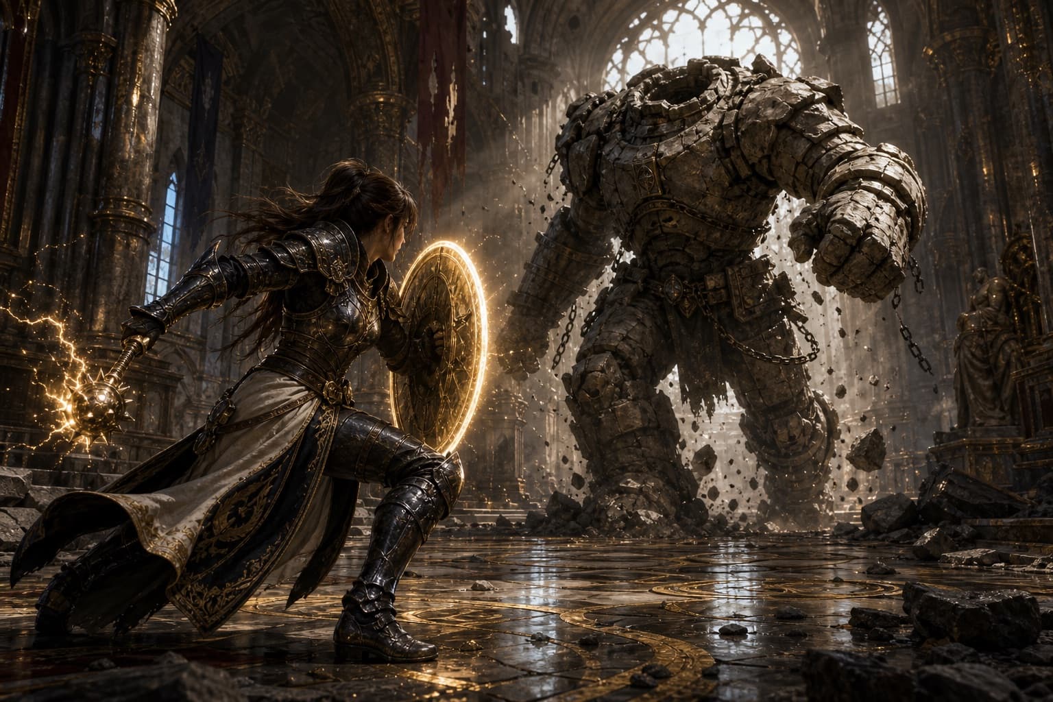 Guerrero mágico contra golem de piedra