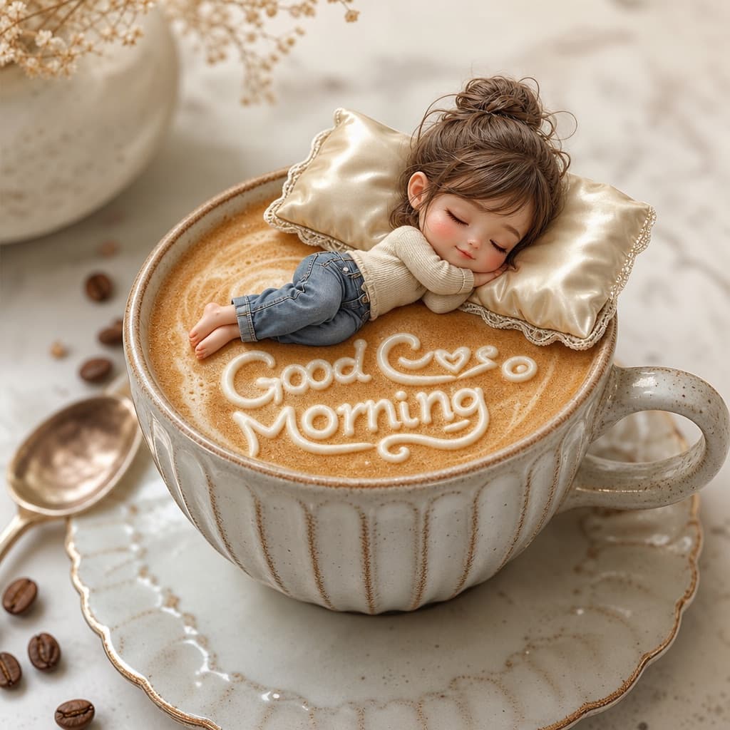 Niña miniatura en café matutino