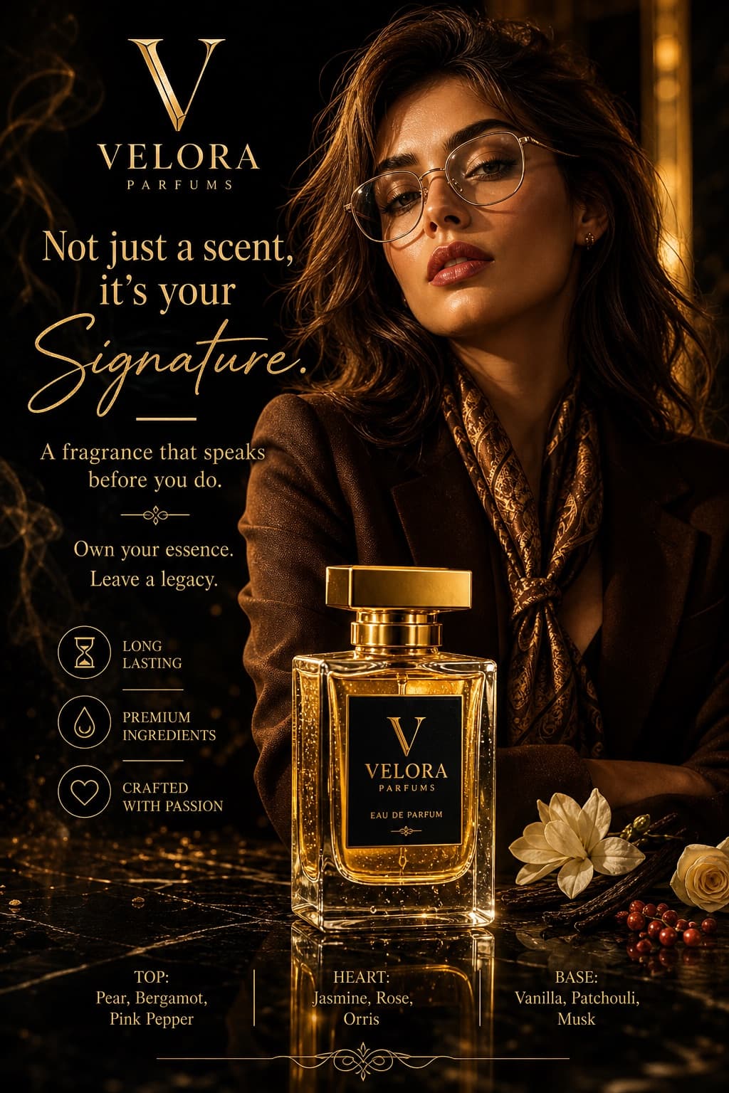 Cartel publicitario de perfume de lujo