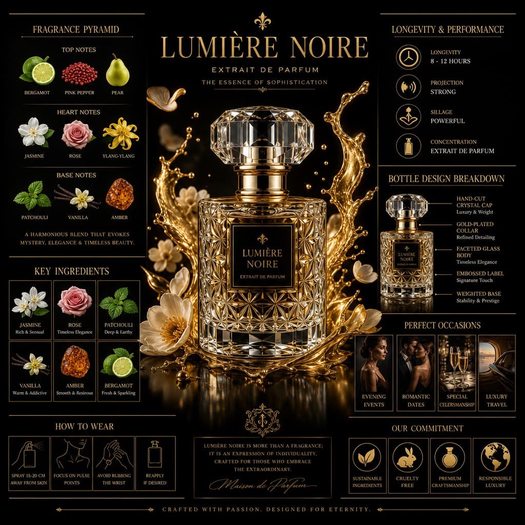 Infografía publicitaria de perfume de lujo