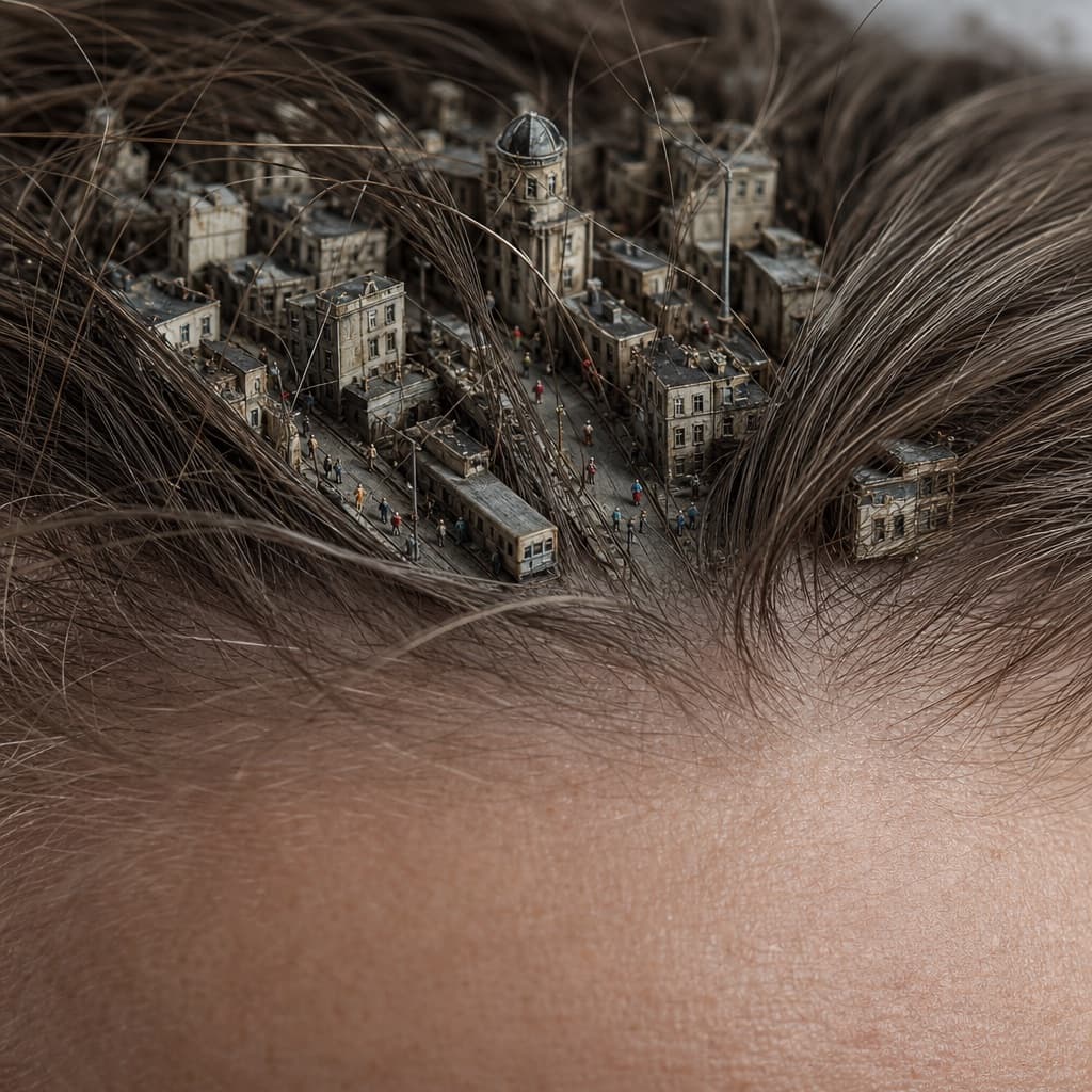 Ciudad miniatura en el cabello