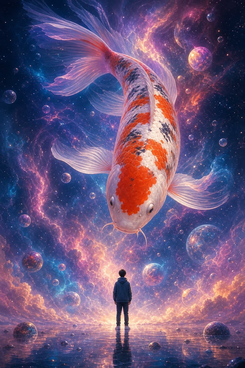 Koi de nebulosa y figura diminuta