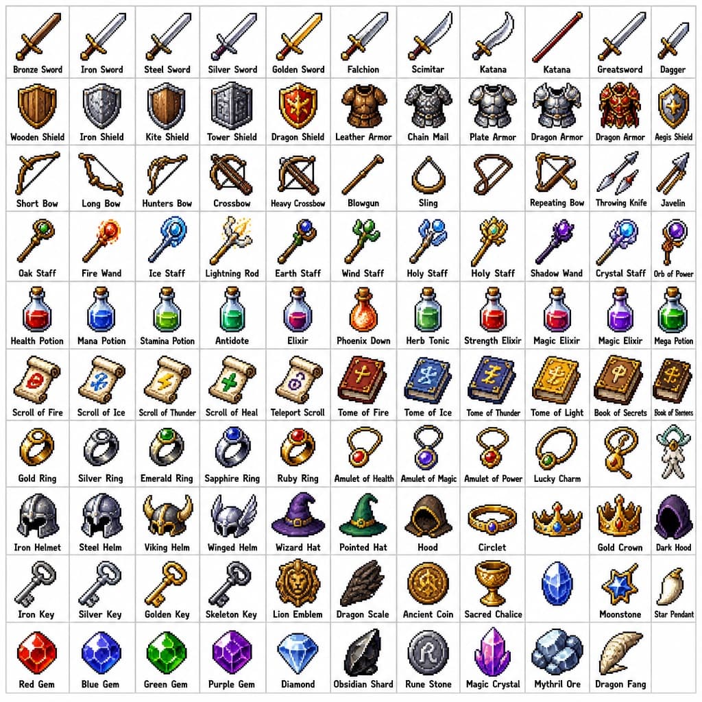 Cuadrícula de ítems RPG en píxel art