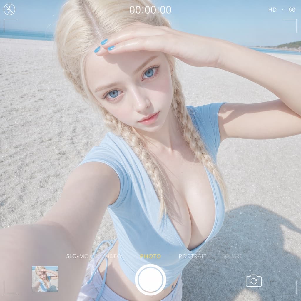 Selfie de muñeca de porcelana en la playa
