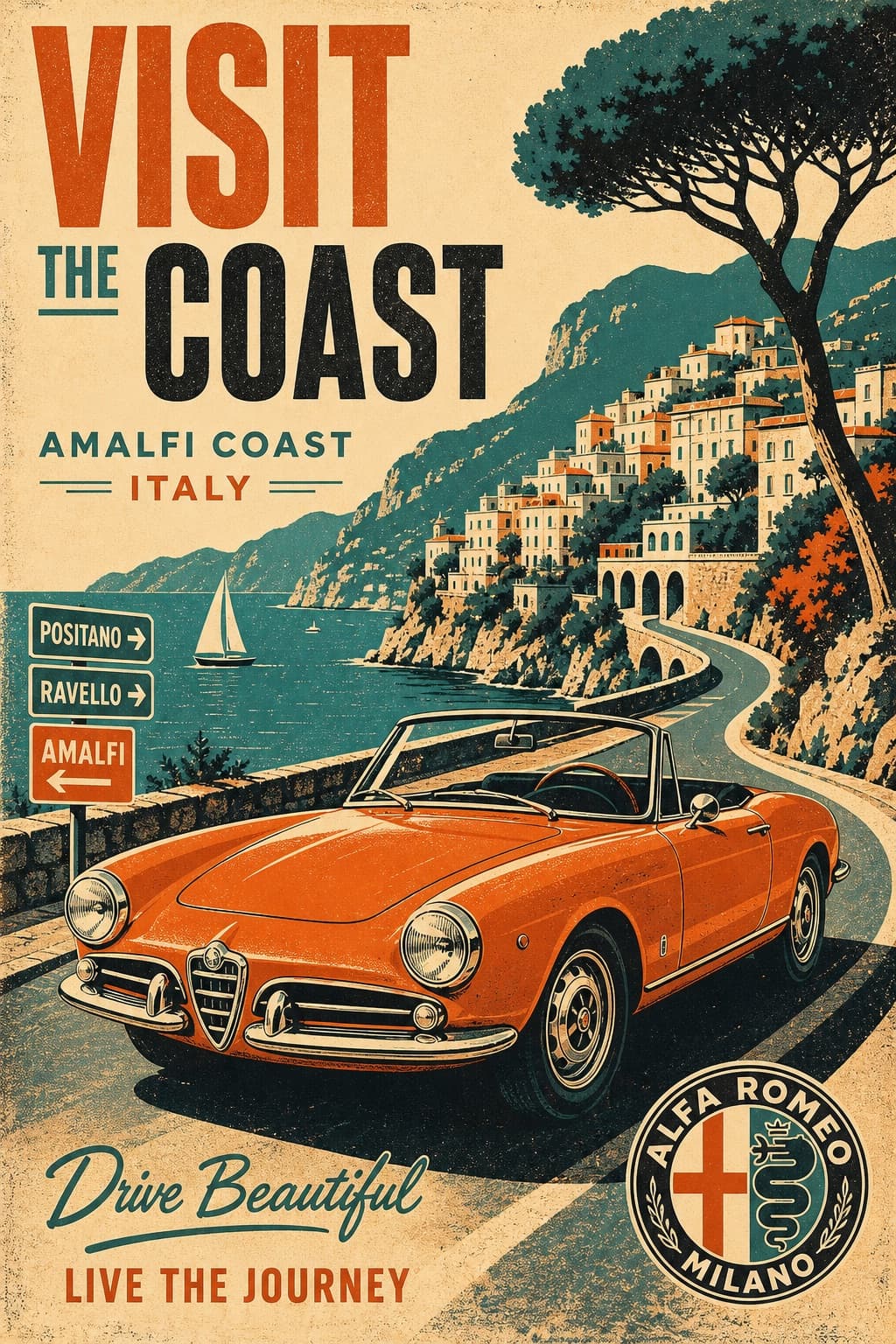 Cartel retro de viaje automotriz