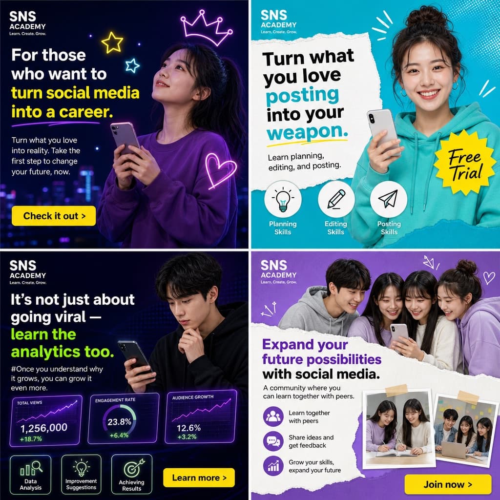 Cuadrícula publicitaria de escuela de redes sociales