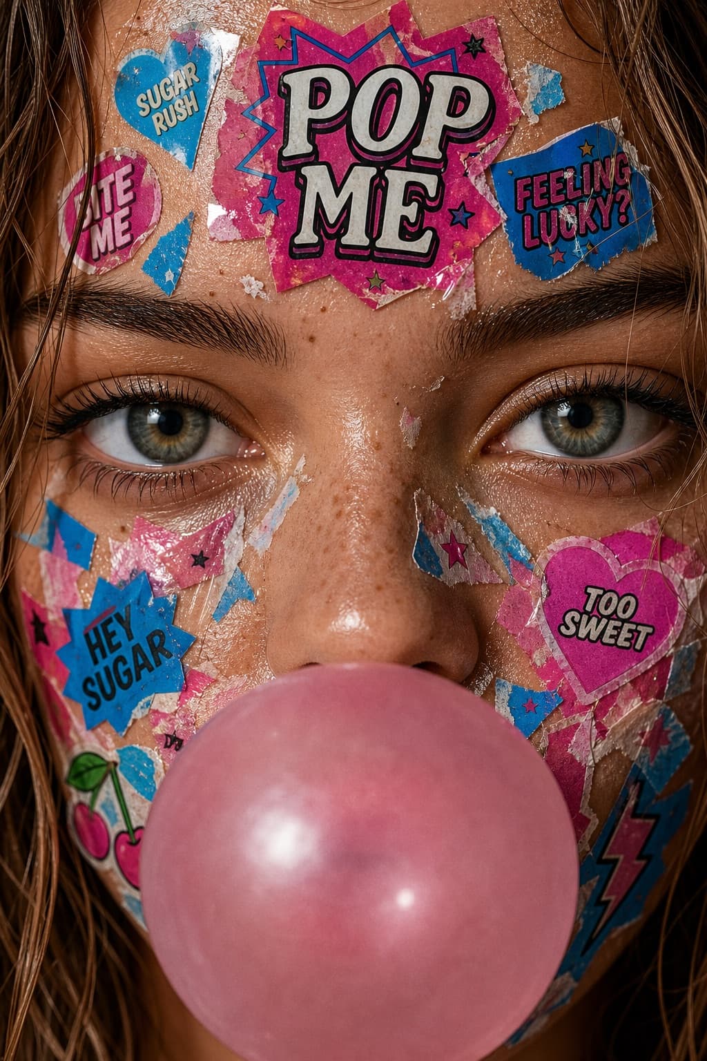 Retrato con stickers y globo de chicle