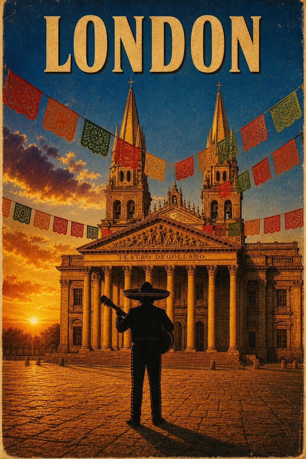 Cartel de viaje vintage con mariachi