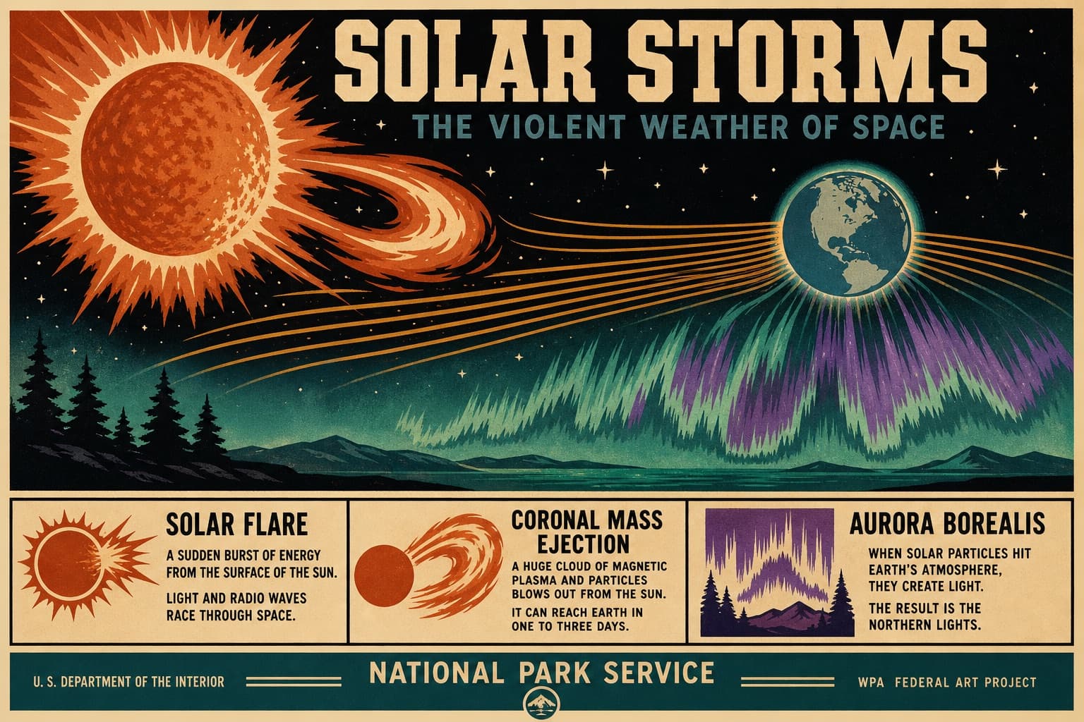Cartel vintage de tormenta solar estilo WPA