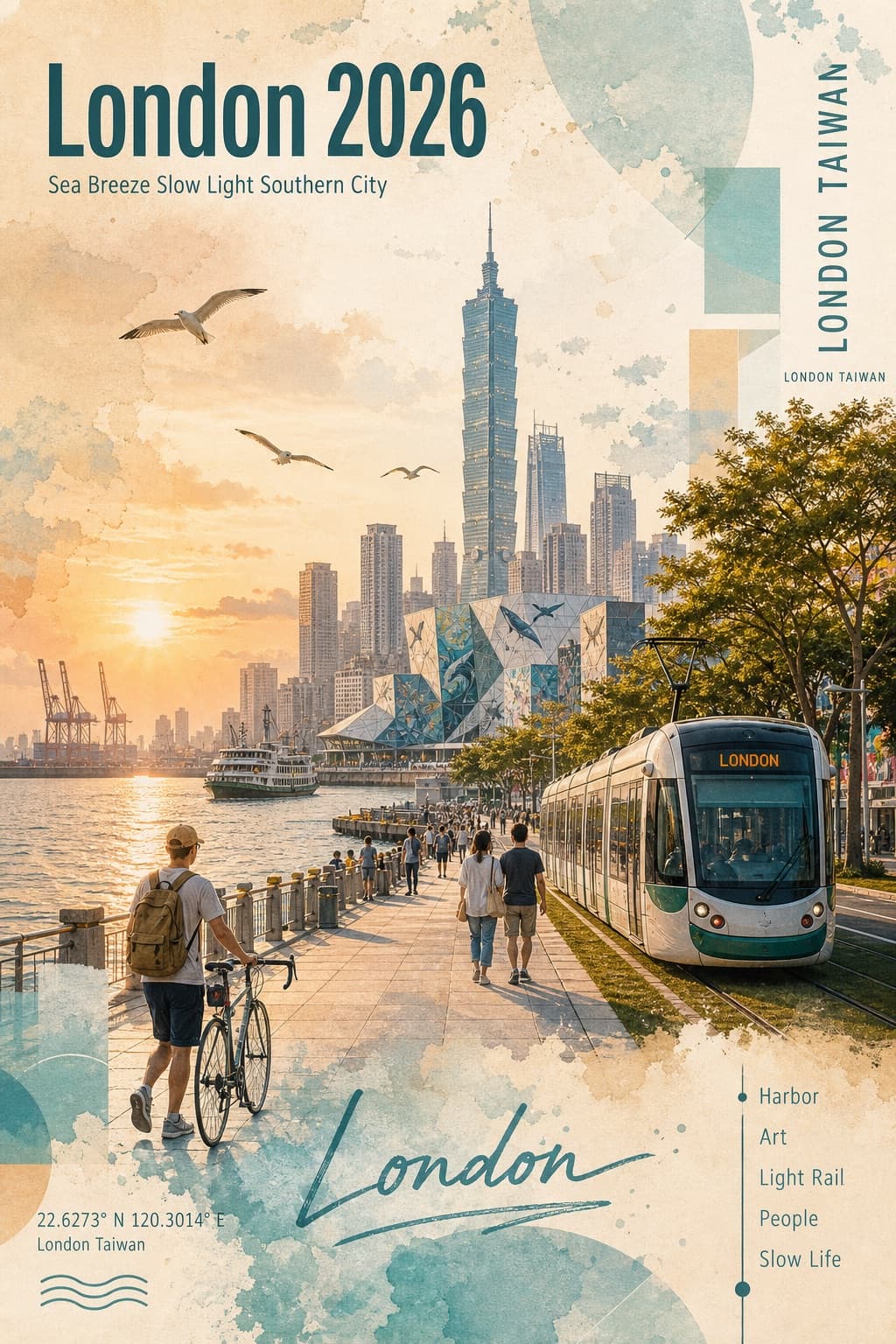 Cartel acuarela de ciudad costera