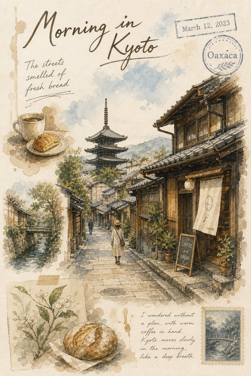 Ilustración postal de viaje en acuarela