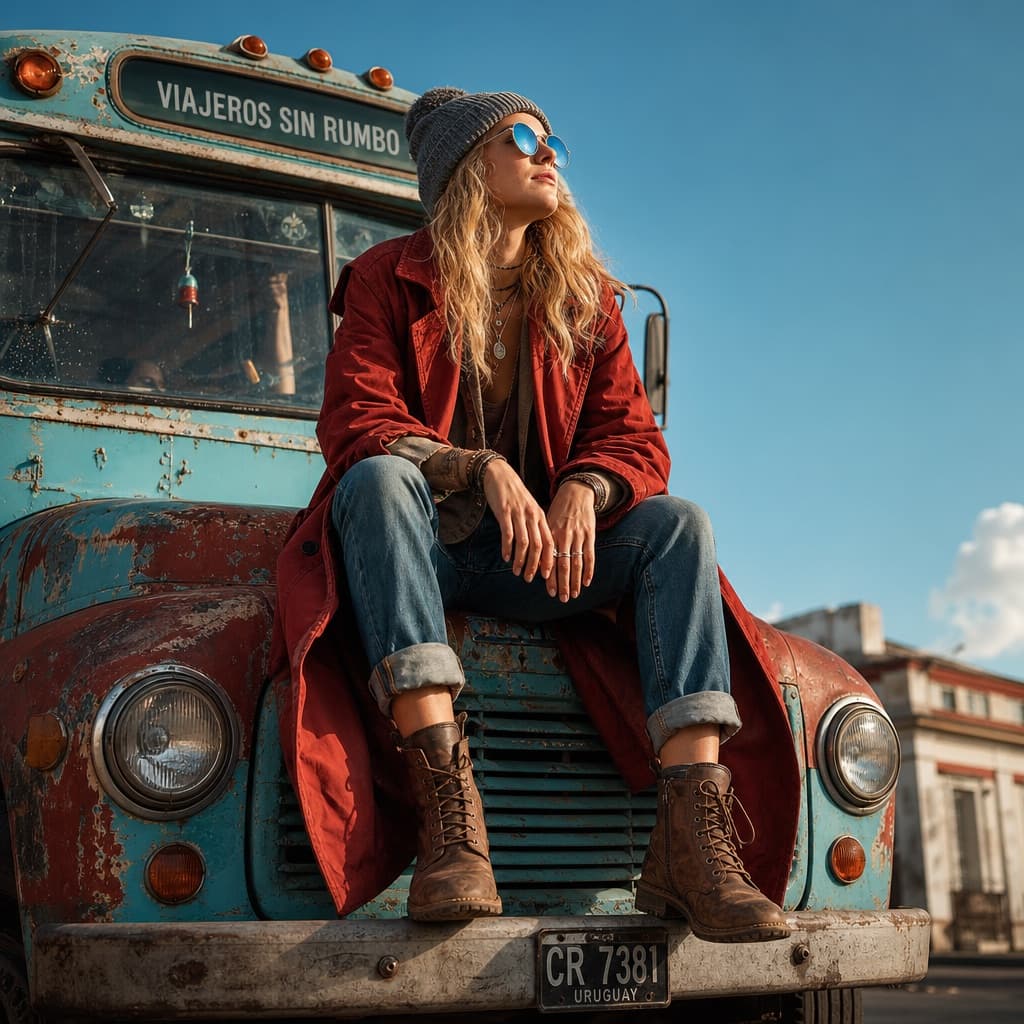 Mujer con gabardina en autobús vintage